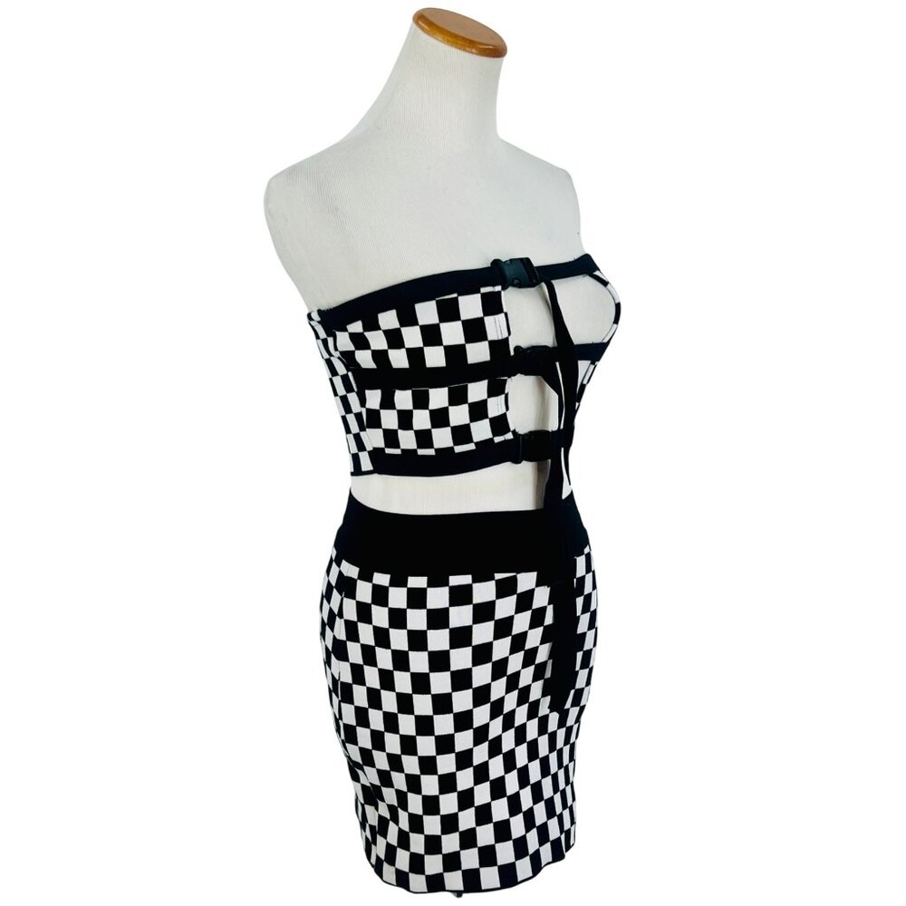 Checkered Black White Buckle Front Crop Top & Mini Skirt 2 Piece Set | Rave EDM - Picture 11 of 16